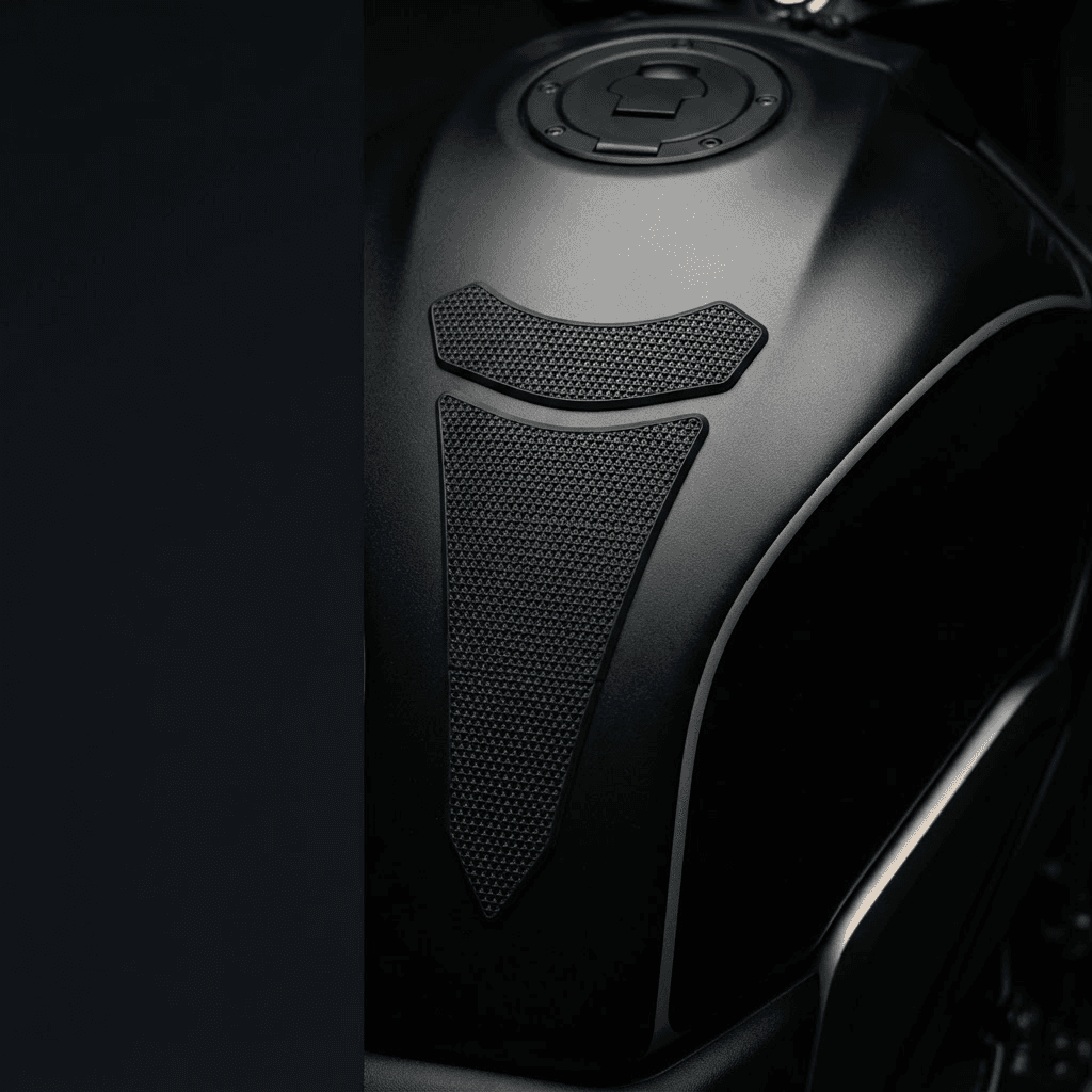 Close-up of a matte black motorcycle fuel tank with a Vacirelli textured tank grip pad, lit by soft directional studio light