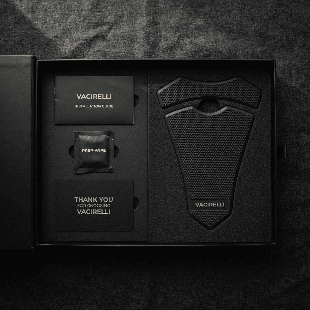 Vacirelli matte black packaging with foam insert, installation guide, prep wipe, microfiber cloth, and thank-you card