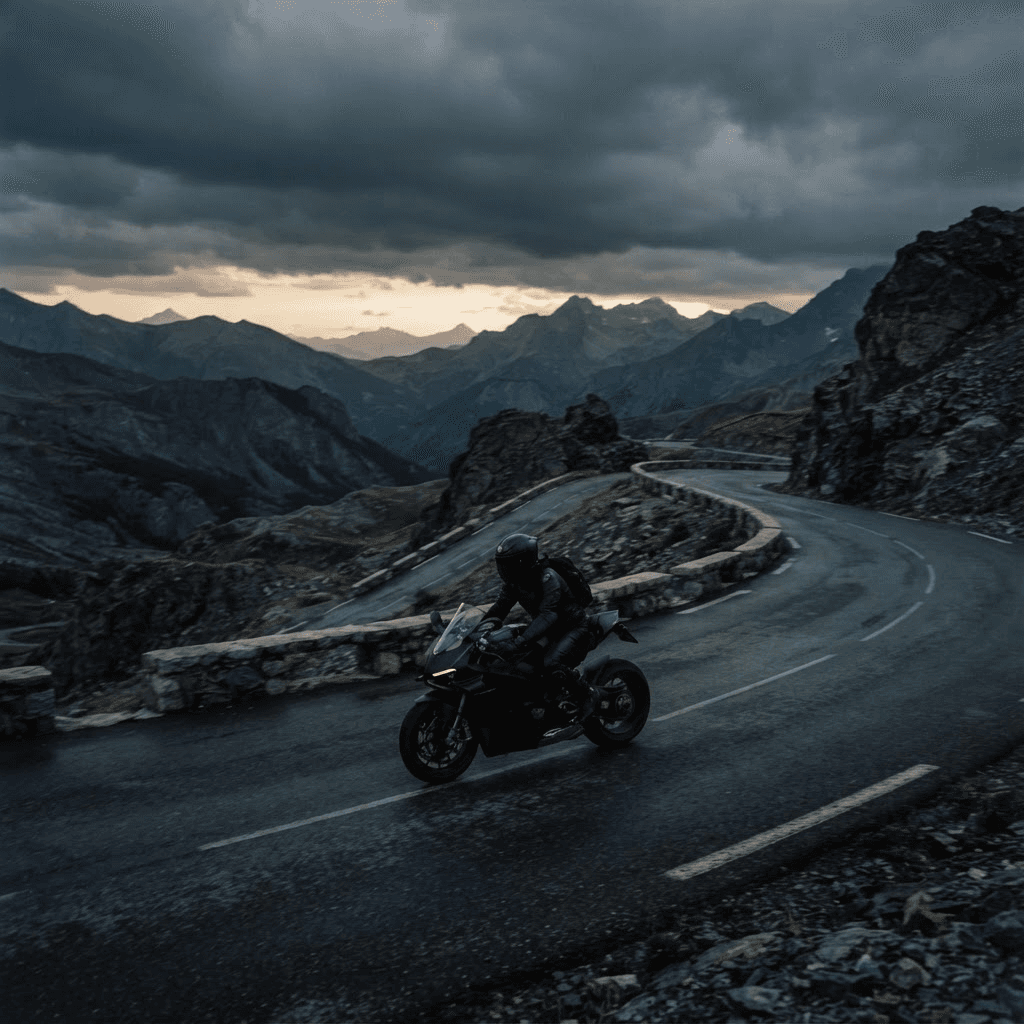 Lone motorcyclist riding a winding mountain road at dusk